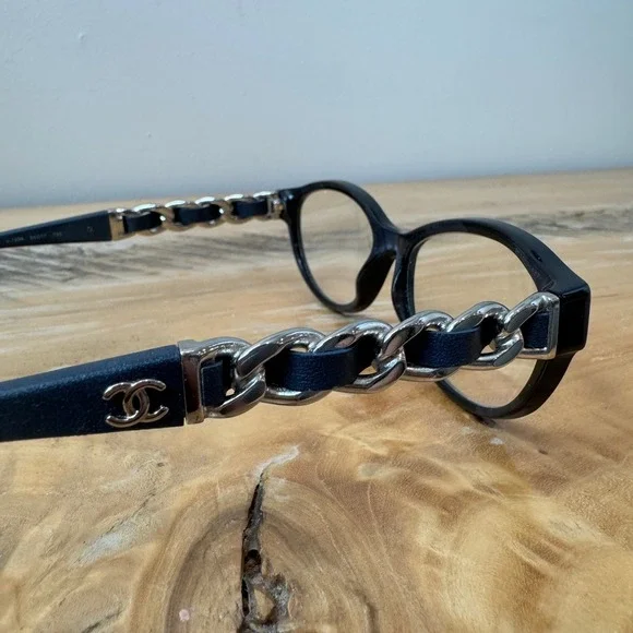 Rare Chanel 3223-Q Navy Blue Leather Chain Link Oval Eyeglasses Frames Italy - Picture 4 of 12